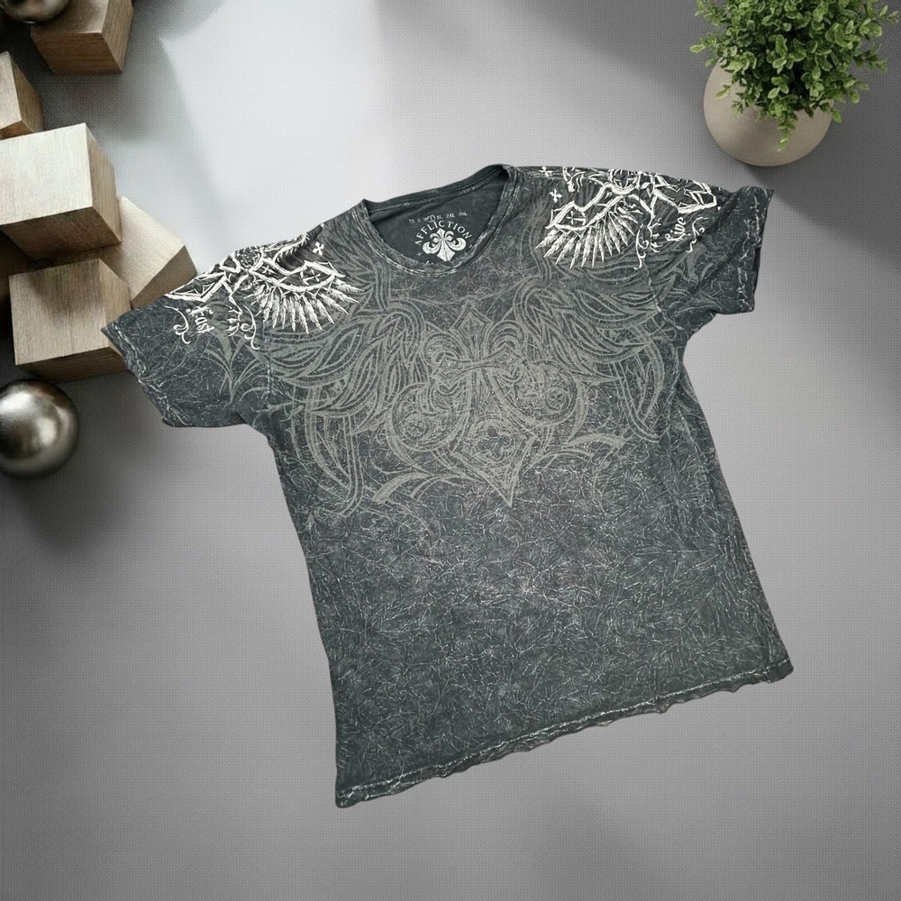 Affliction Live Fast Graphic T-Shirt Grey Acid Wash Y2K Biker Mens Large